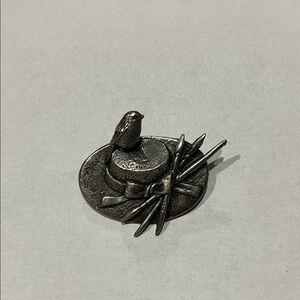 Vintage 1990s Marjolein Bastin Pewter Artist Hat with Bird and Brushes Brooch
